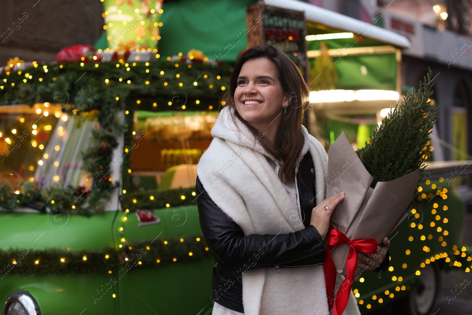 Photo of Happy woman with thuja tree near Christmas bus outdoors. Space for text