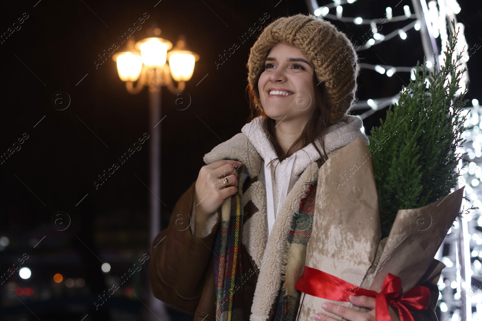 Photo of Happy woman with thuja tree at night outdoors. Space for text