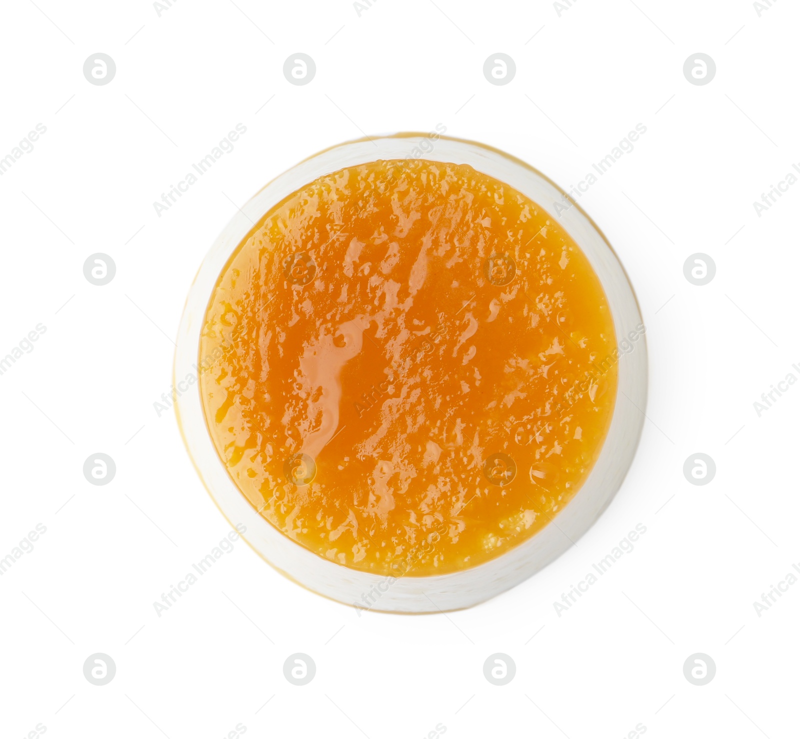 Photo of Tasty pudding with caramel sauce isolated on white, top view