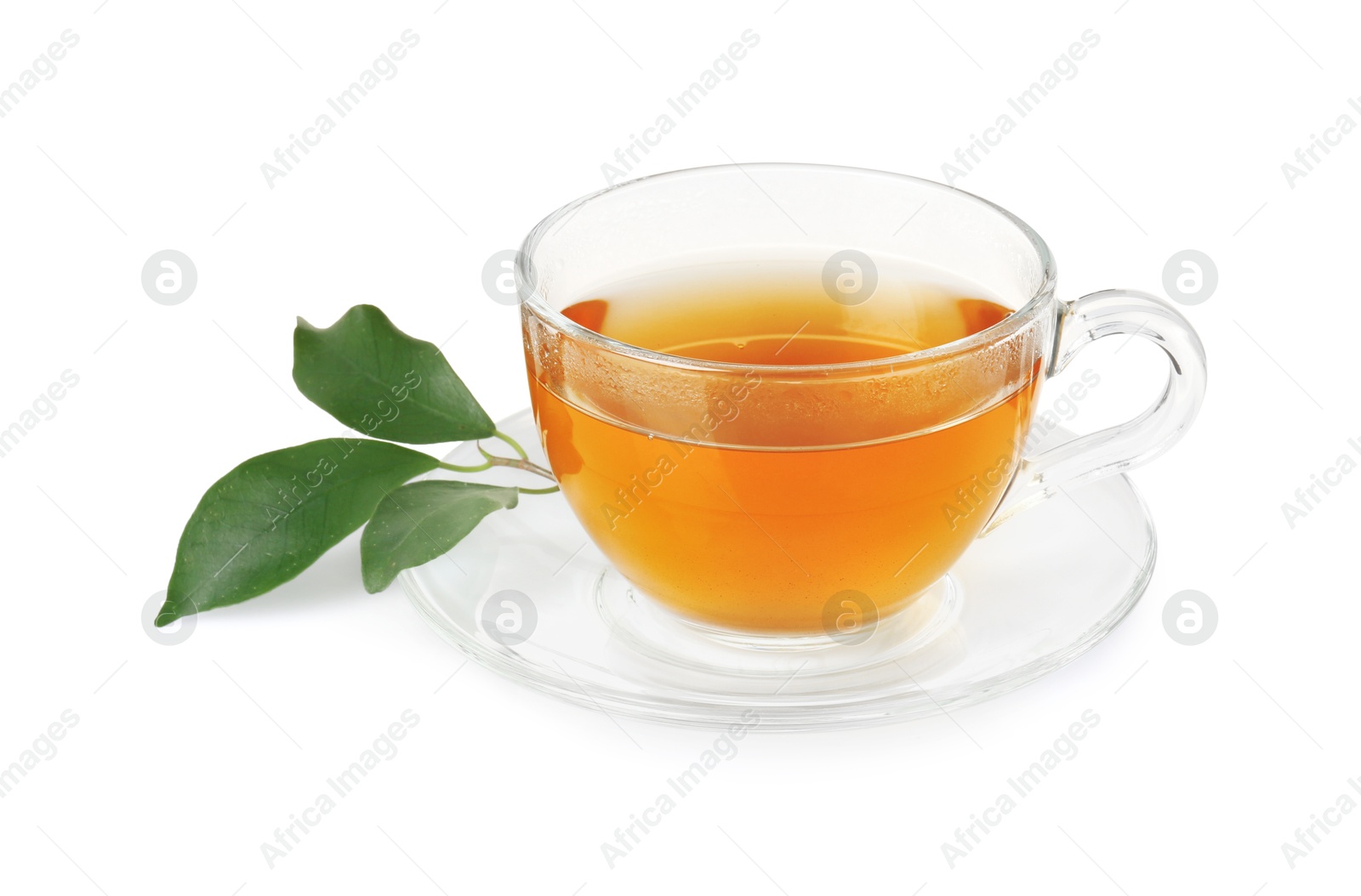 Photo of Refreshing green tea in cup and leaves isolated on white