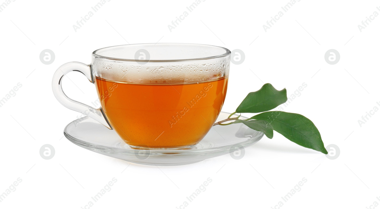 Photo of Refreshing green tea in cup and leaves isolated on white