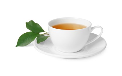 Refreshing green tea in cup and leaves isolated on white