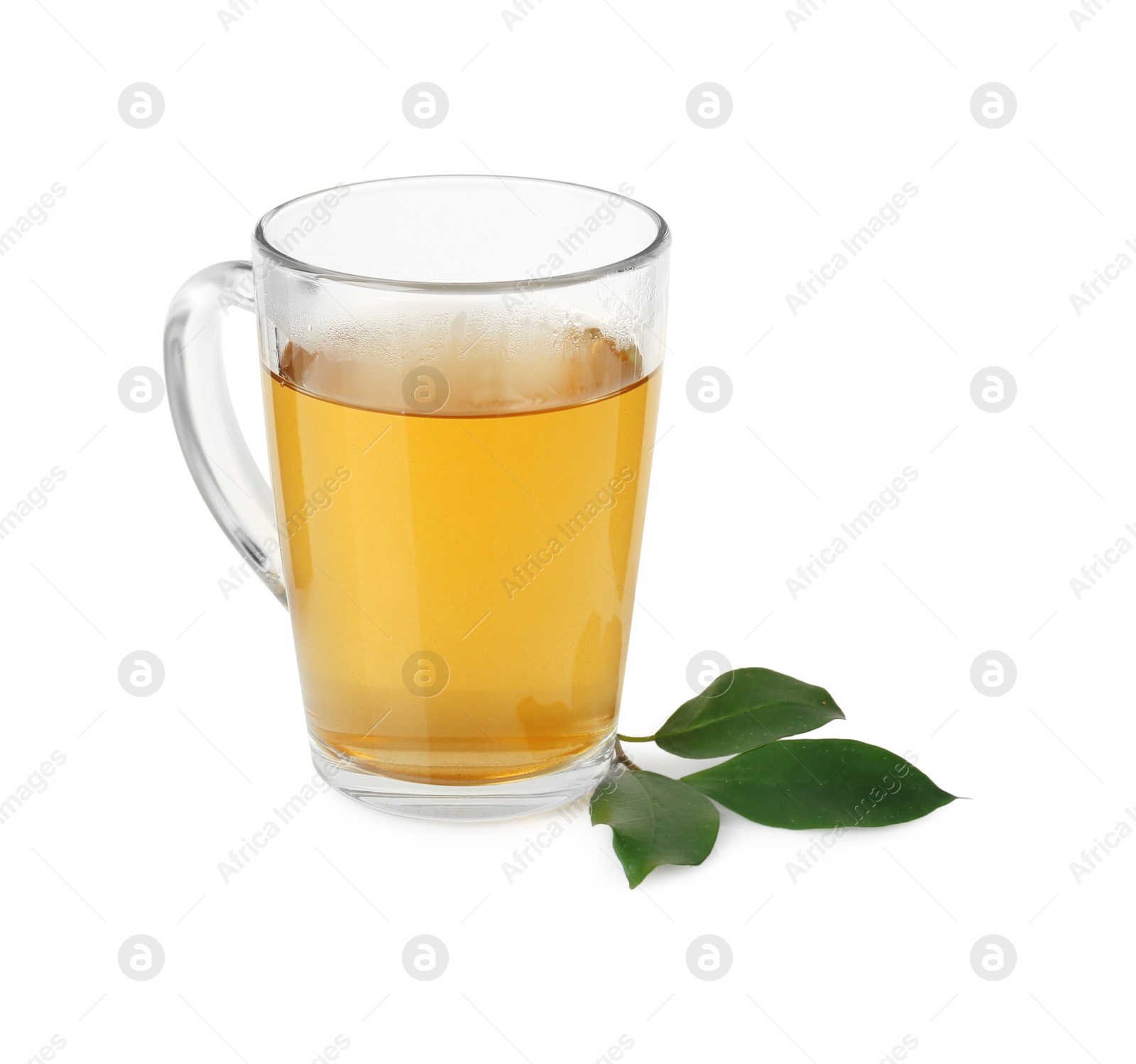 Photo of Refreshing green tea in cup and leaves isolated on white