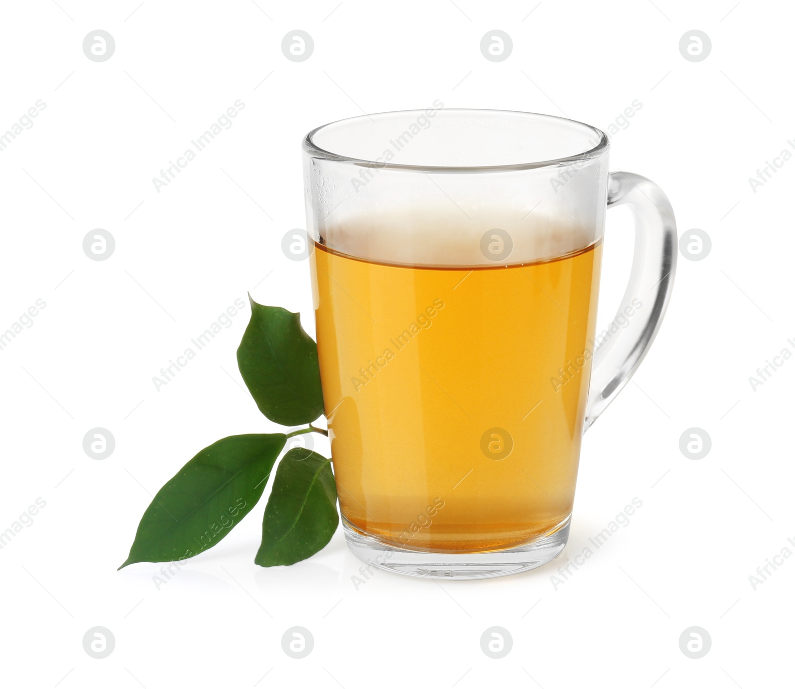 Photo of Refreshing green tea in cup and leaves isolated on white