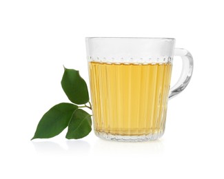 Photo of Refreshing green tea in cup and leaves isolated on white