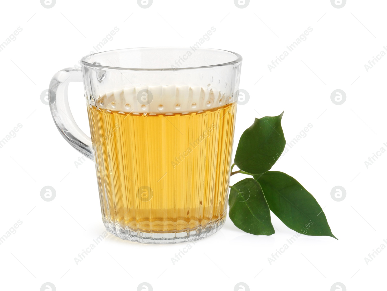 Photo of Refreshing green tea in cup and leaves isolated on white