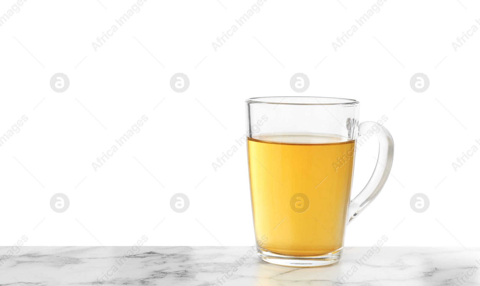 Photo of Refreshing green tea in cup on marble table against white background. Space for text