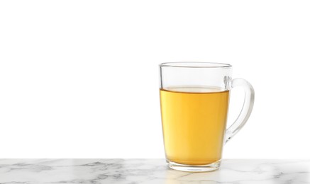 Refreshing green tea in cup on marble table against white background. Space for text