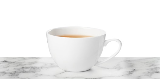 Refreshing green tea in cup on marble table against white background