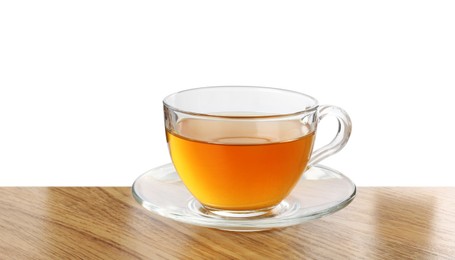 Refreshing green tea in cup on wooden table against white background