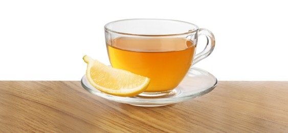 Photo of Refreshing green tea in cup and slice of lemon on wooden table against white background