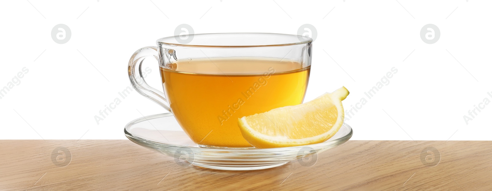 Photo of Refreshing green tea in cup and slice of lemon on wooden table against white background