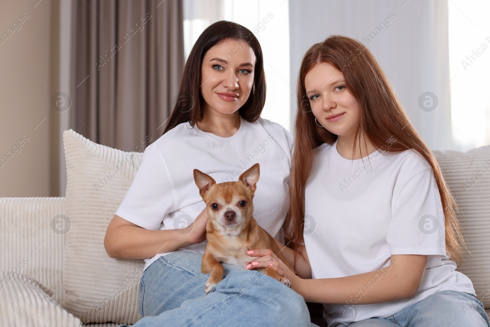 Photo of Portrait of beautiful mother with teenage daughter and cute Chihuahua dog on sofa at home