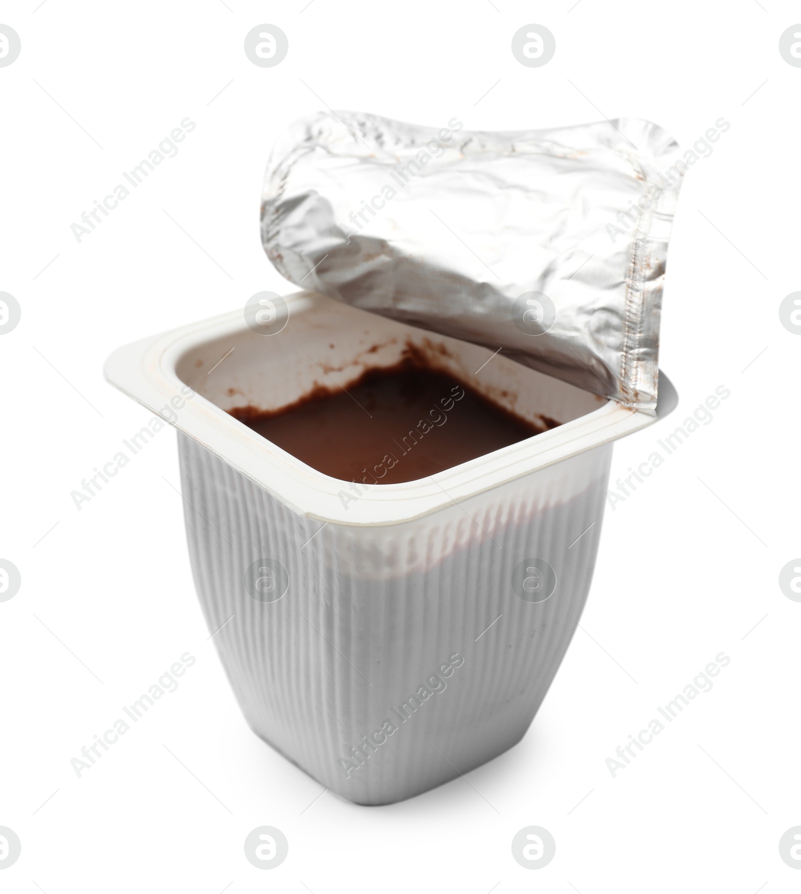 Photo of Delicious chocolate yogurt in plastic cup isolated on white