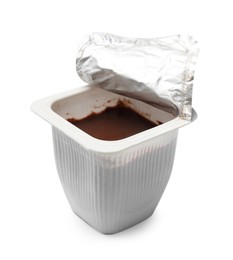 Photo of Delicious chocolate yogurt in plastic cup isolated on white