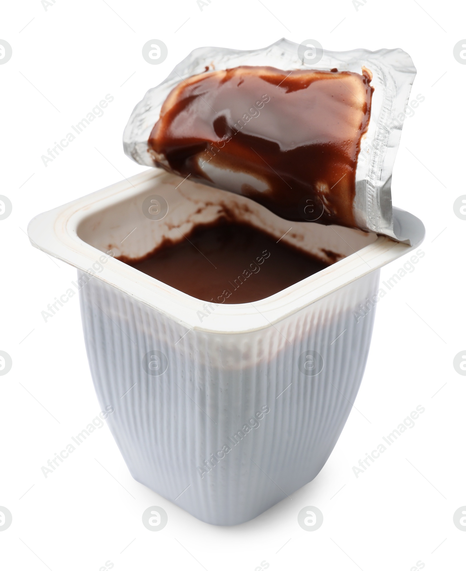 Photo of Delicious chocolate yogurt in plastic cup isolated on white