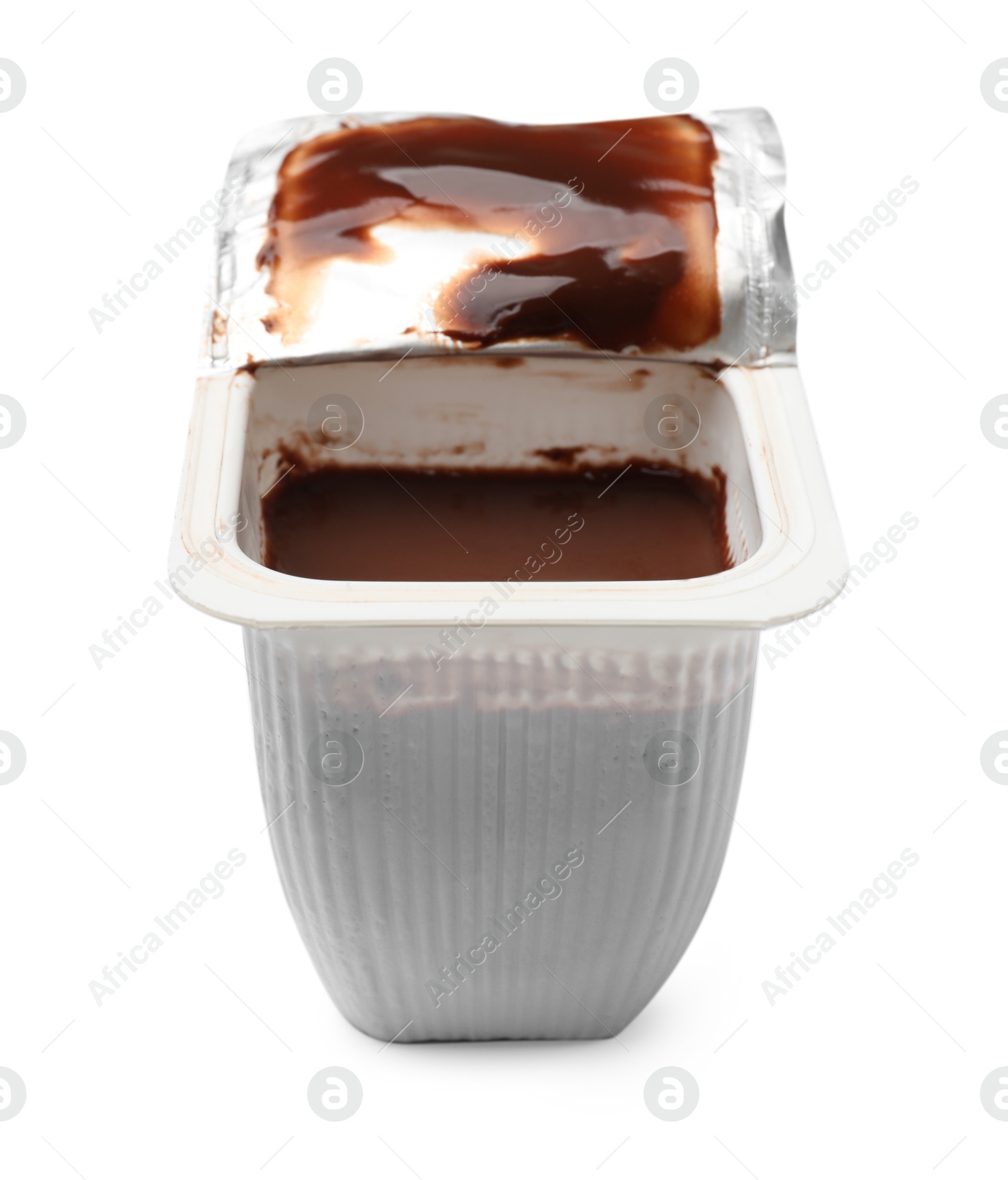 Photo of Delicious chocolate yogurt in plastic cup isolated on white