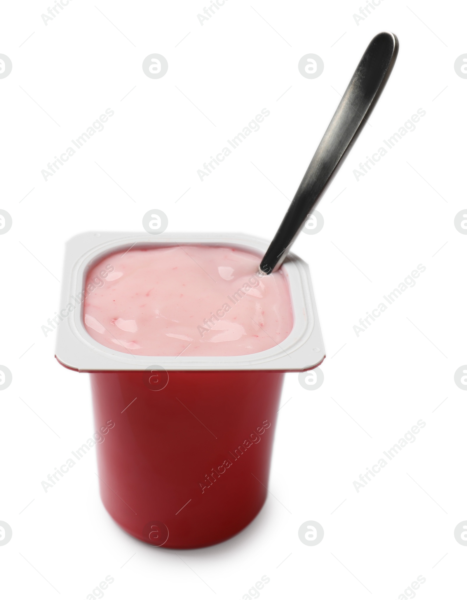 Photo of Delicious yogurt in plastic cup with spoon isolated on white