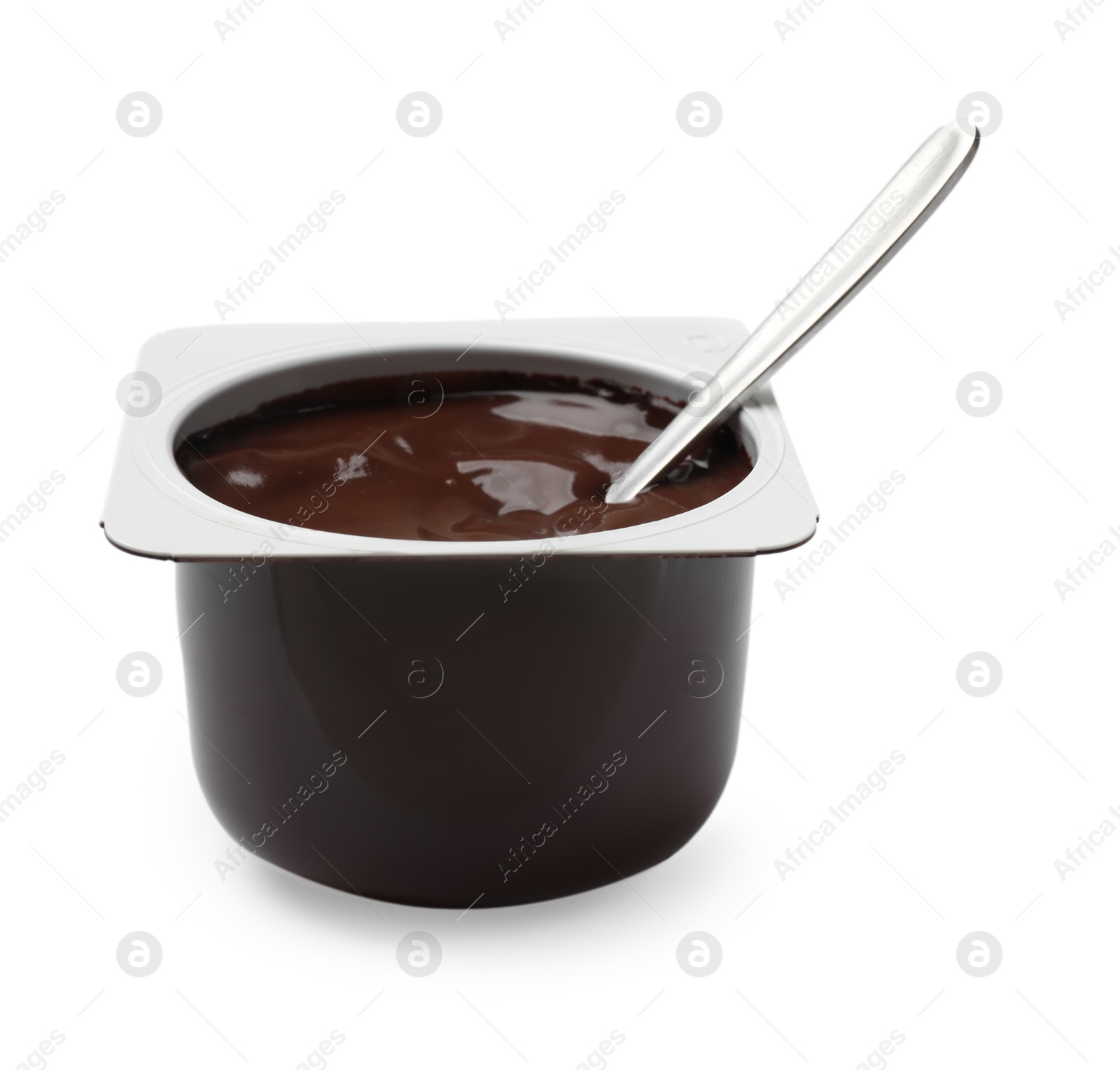 Photo of Delicious chocolate yogurt in plastic cup with spoon isolated on white