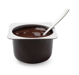 Photo of Delicious chocolate yogurt in plastic cup with spoon isolated on white