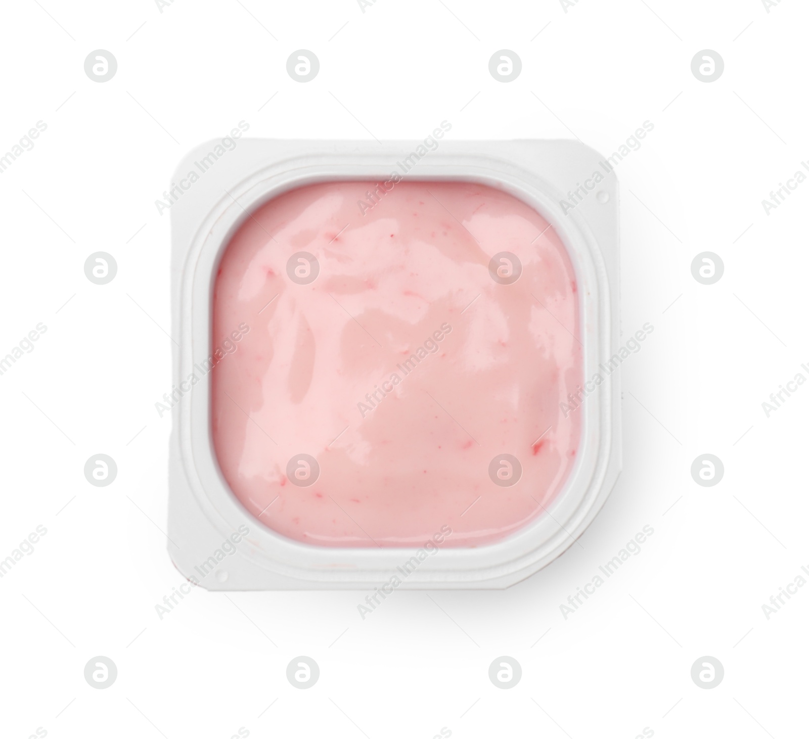 Photo of Delicious yogurt in plastic cup isolated on white, top view