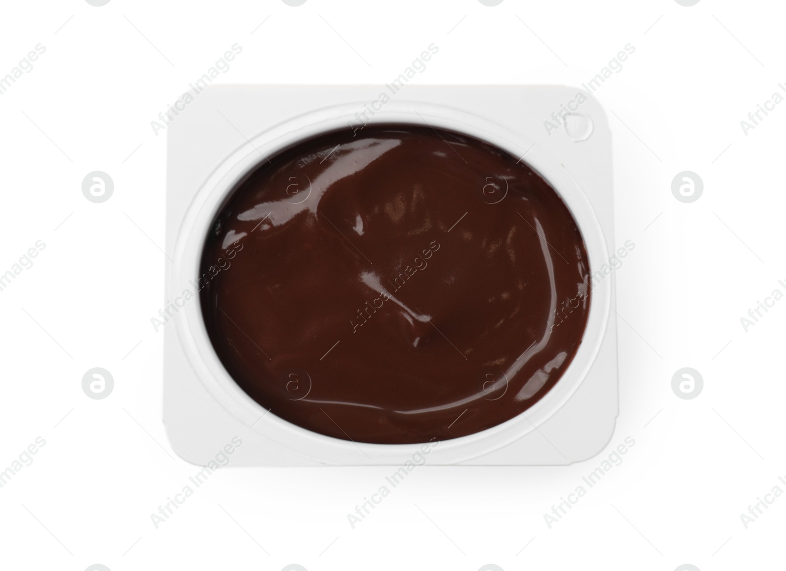 Photo of Delicious chocolate yogurt in plastic cup isolated on white, top view