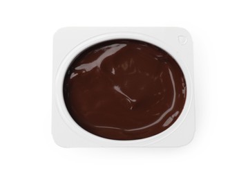 Photo of Delicious chocolate yogurt in plastic cup isolated on white, top view