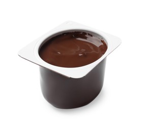 Photo of Delicious chocolate yogurt in plastic cup isolated on white