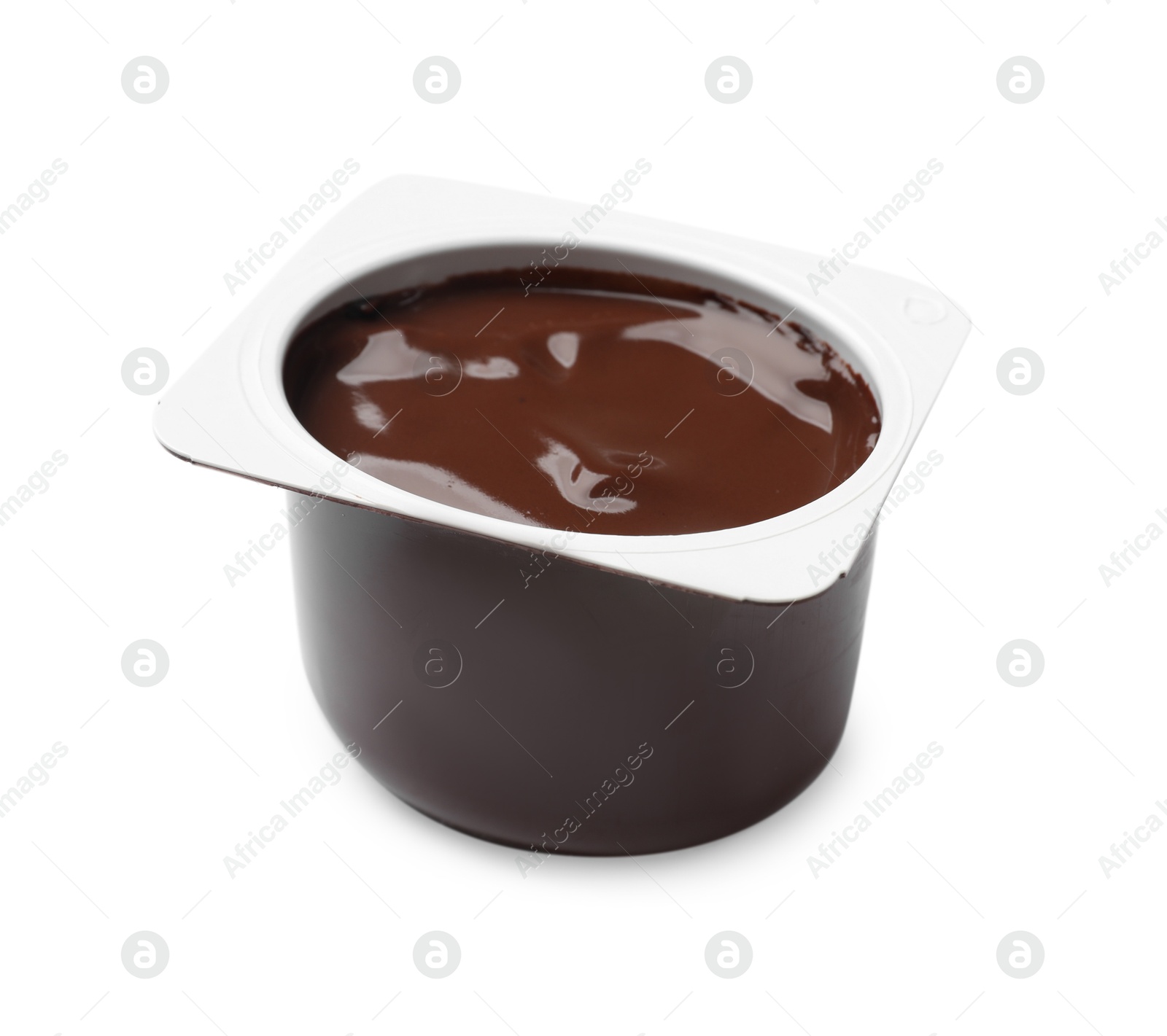 Photo of Delicious chocolate yogurt in plastic cup isolated on white