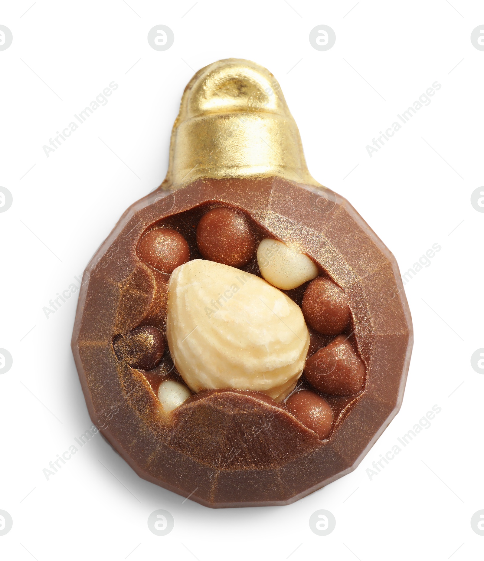 Photo of Delicious chocolate in shape of Christmas bauble isolated on white, top view