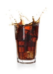 Refreshing cola with ice cubes splashing in glass isolated on white