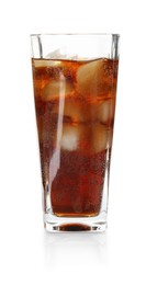 Photo of Refreshing cola with ice cubes in glass isolated on white