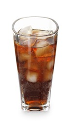 Photo of Refreshing cola with ice cubes in glass isolated on white