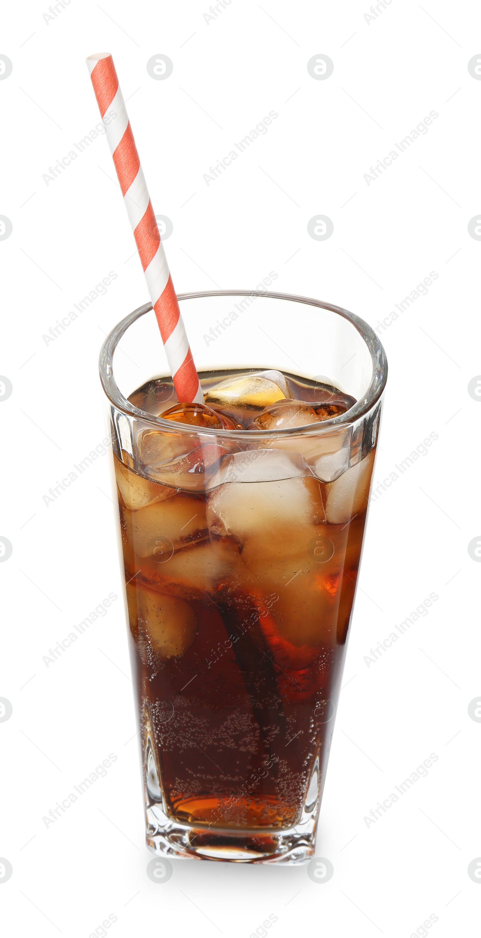 Photo of Refreshing cola with ice cubes and drinking straw in glass isolated on white