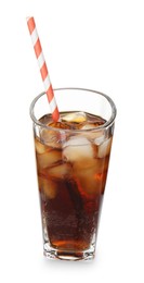 Photo of Refreshing cola with ice cubes and drinking straw in glass isolated on white