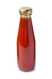 Photo of Delicious sauce in glass bottle isolated on white