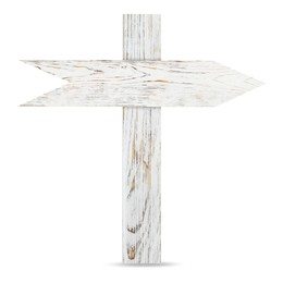 Image of Wooden signpost with arrow-shaped pointer isolated on white