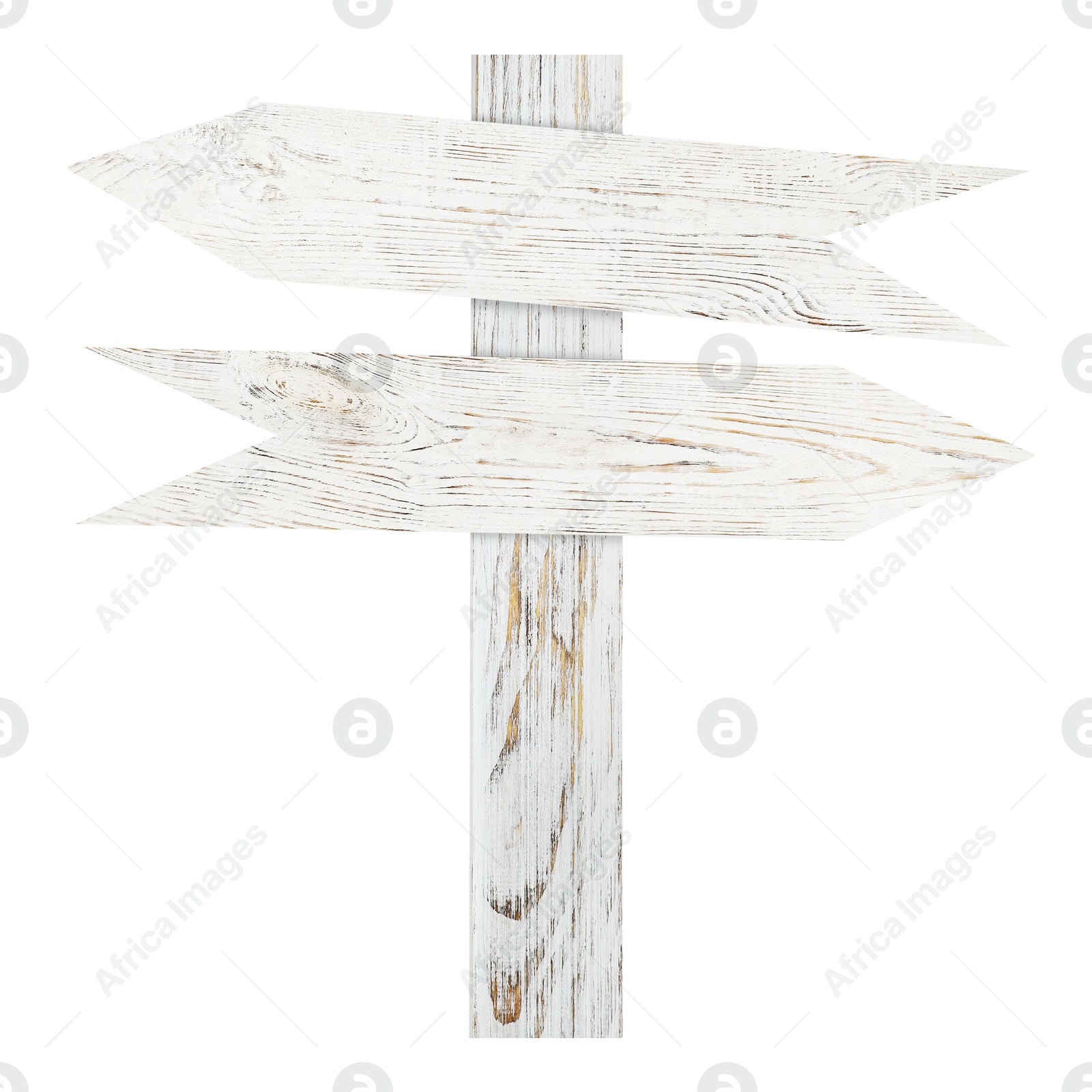 Image of Wooden signpost with arrow-shaped pointers isolated on white