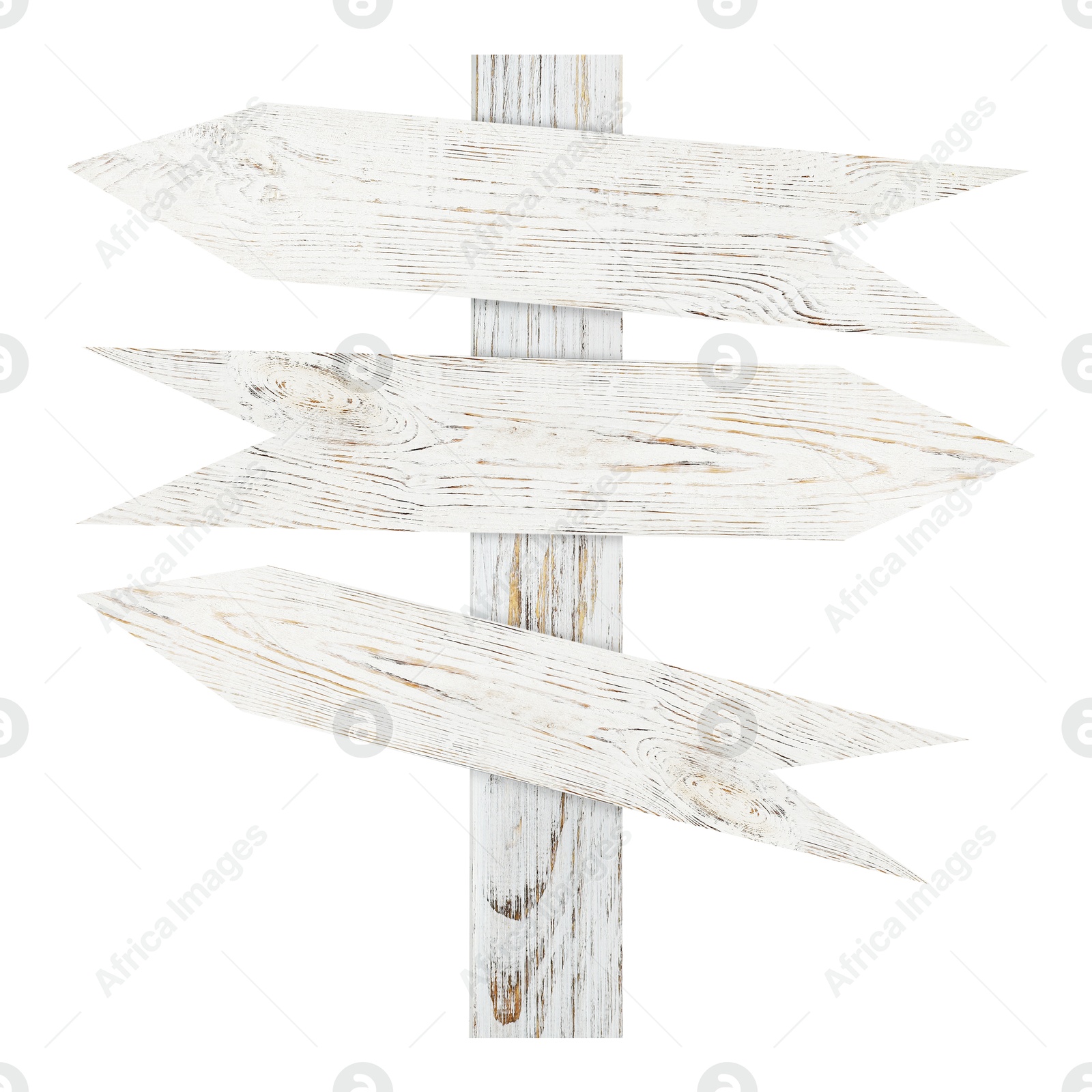 Image of Wooden signpost with arrow-shaped pointers isolated on white