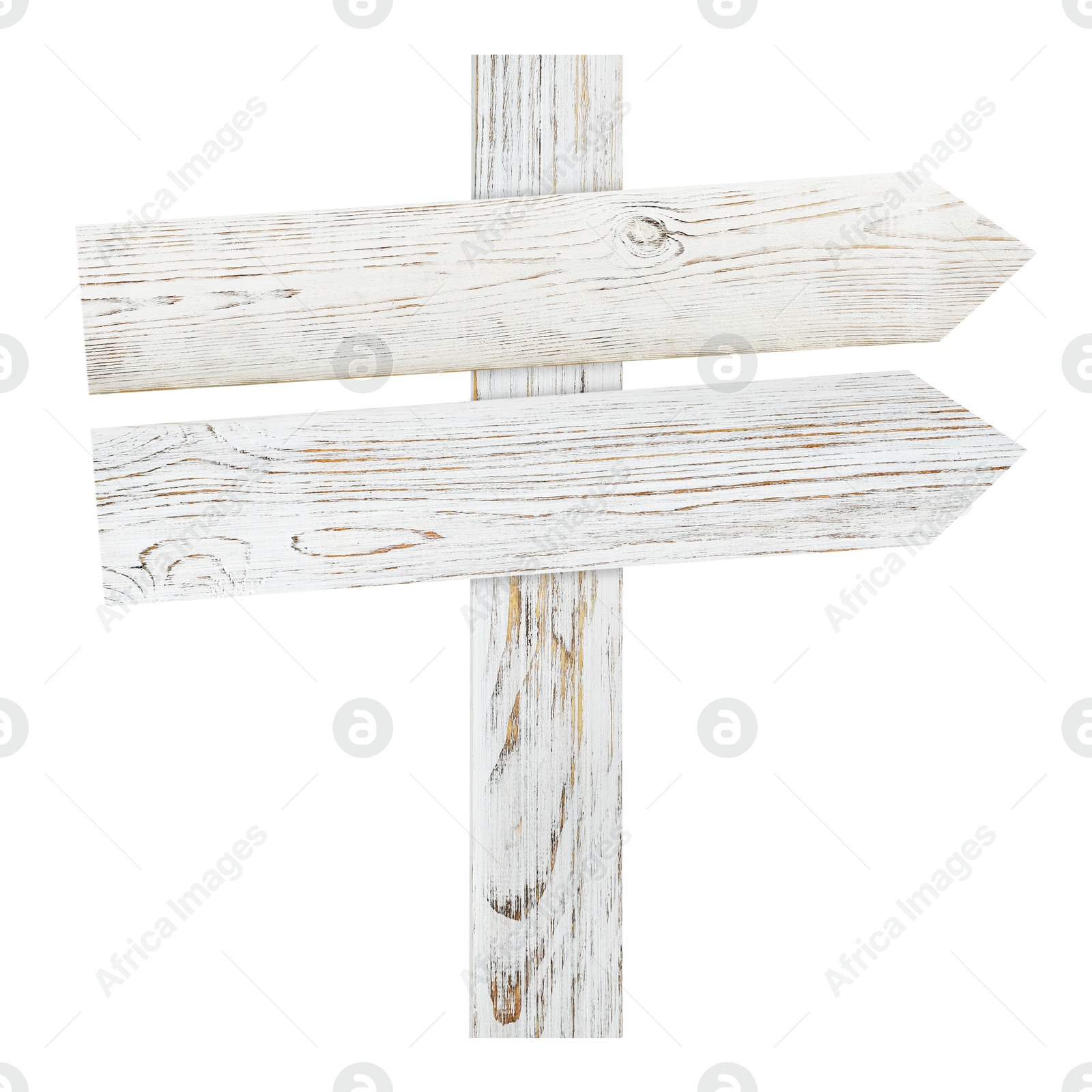 Image of Wooden signpost with arrow-shaped pointers isolated on white