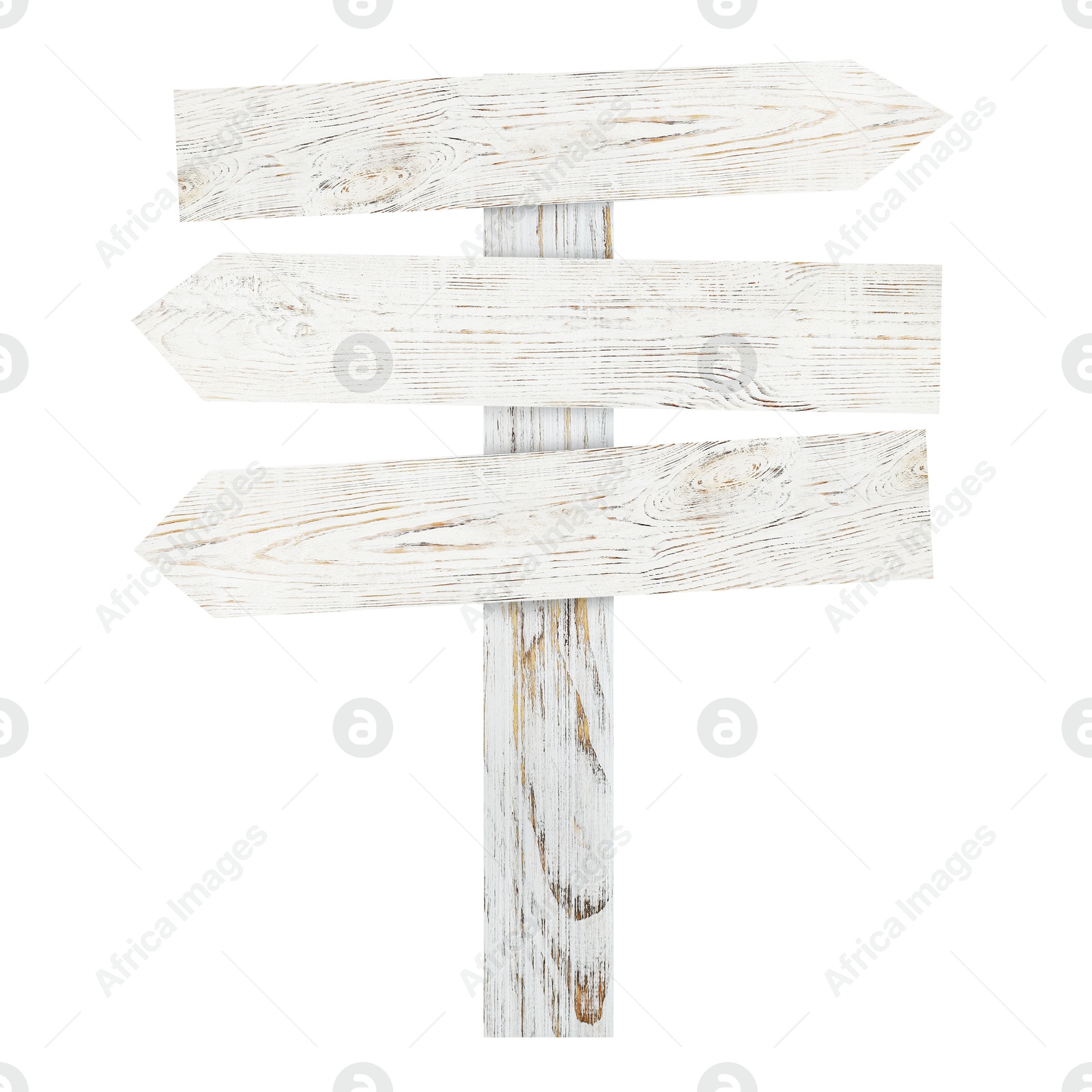 Image of Wooden signpost with arrow-shaped pointers isolated on white