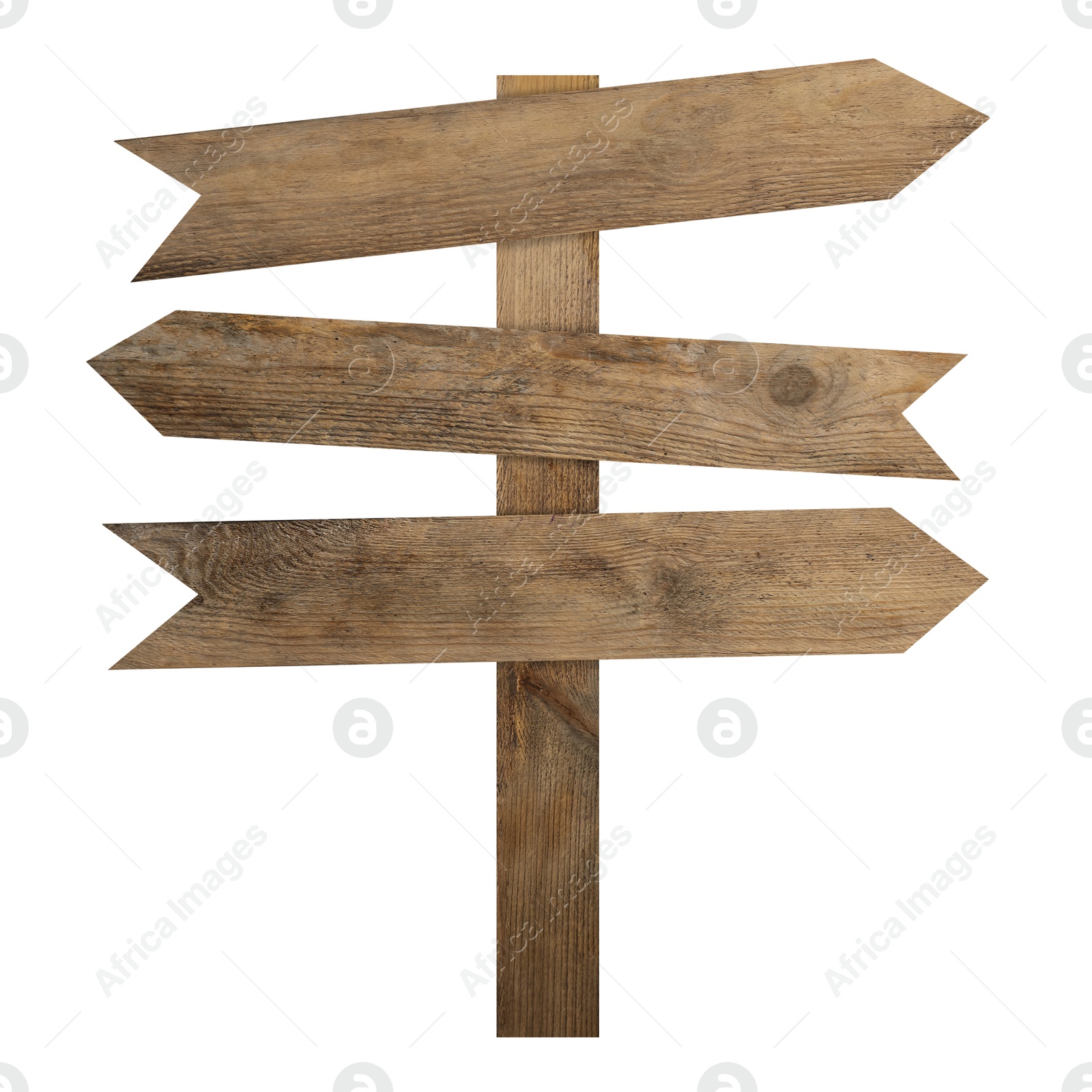 Image of Wooden signpost with arrow-shaped pointers isolated on white