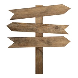 Image of Wooden signpost with arrow-shaped pointers isolated on white