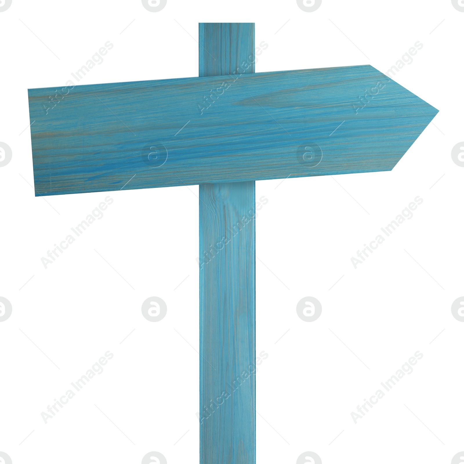 Image of Light blue wooden signpost with arrow-shaped pointer isolated on white