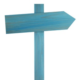 Image of Light blue wooden signpost with arrow-shaped pointer isolated on white