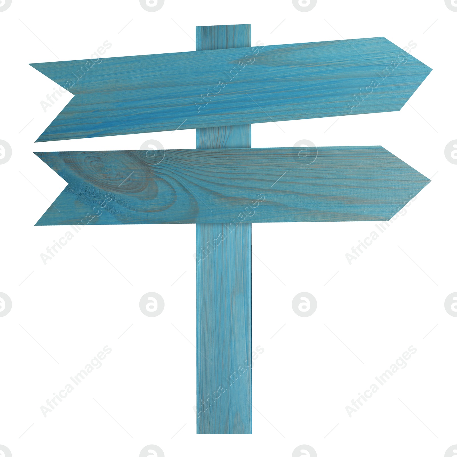 Image of Light blue wooden signpost with arrow-shaped pointers isolated on white