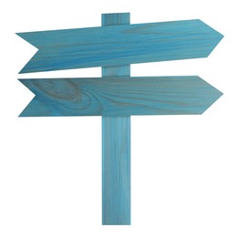 Image of Light blue wooden signpost with arrow-shaped pointers isolated on white