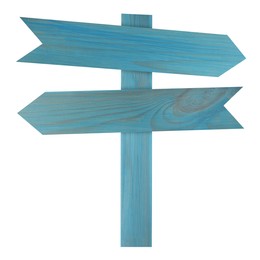 Image of Light blue wooden signpost with arrow-shaped pointers isolated on white