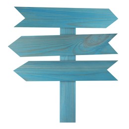 Image of Light blue wooden signpost with arrow-shaped pointers isolated on white