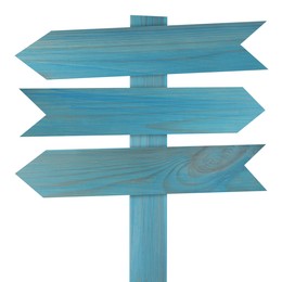 Image of Light blue wooden signpost with arrow-shaped pointers isolated on white